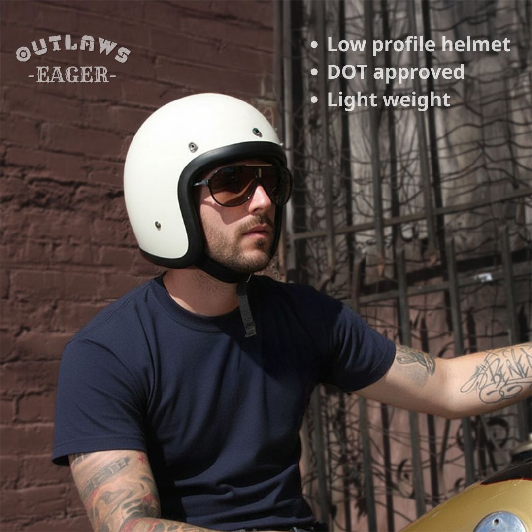 Man wearing a white helmet and sunglasses with 'Outlaws Eager' branding and product features listed.